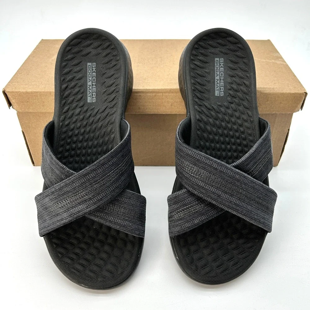 Womens Sandals Skechers GO WALK Flex Impressed Size 10 Vegan Black Gray NEW